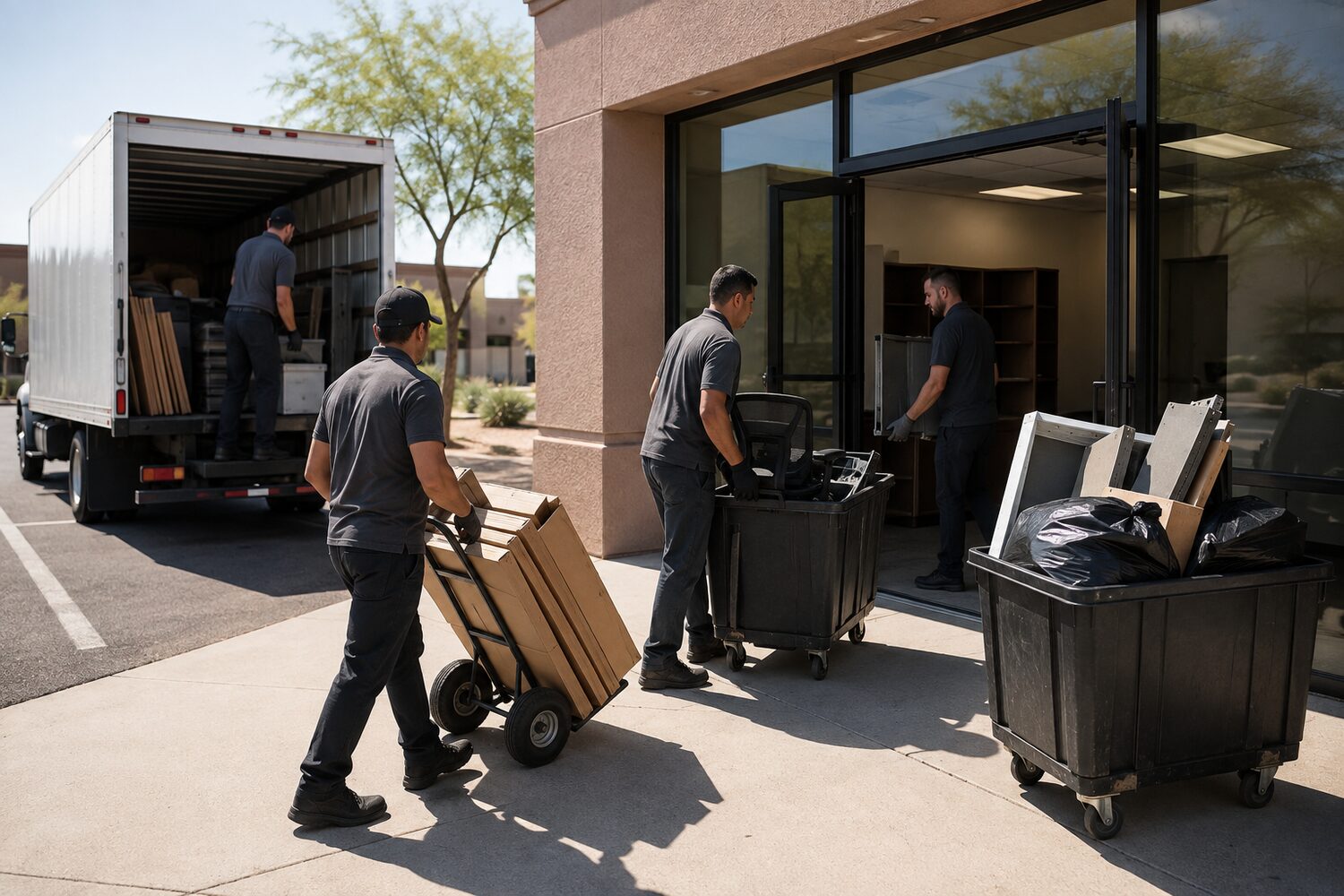 Commercial cleanout crew moving office furniture and boxes